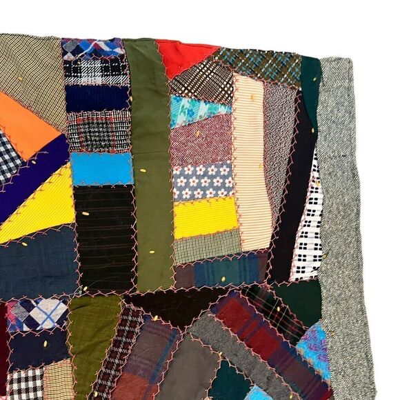 Vintage Handmade Crazy Quilt Patchwork Throw Mixed Fabrics Embroidered 1950s–70s - Picture 8 of 14